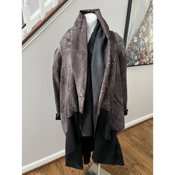 SIMONA TAGLIAFERRI Wool Leather Draped Asymmetric Layered Jacket Coat Size Small - Picture 2 of 12